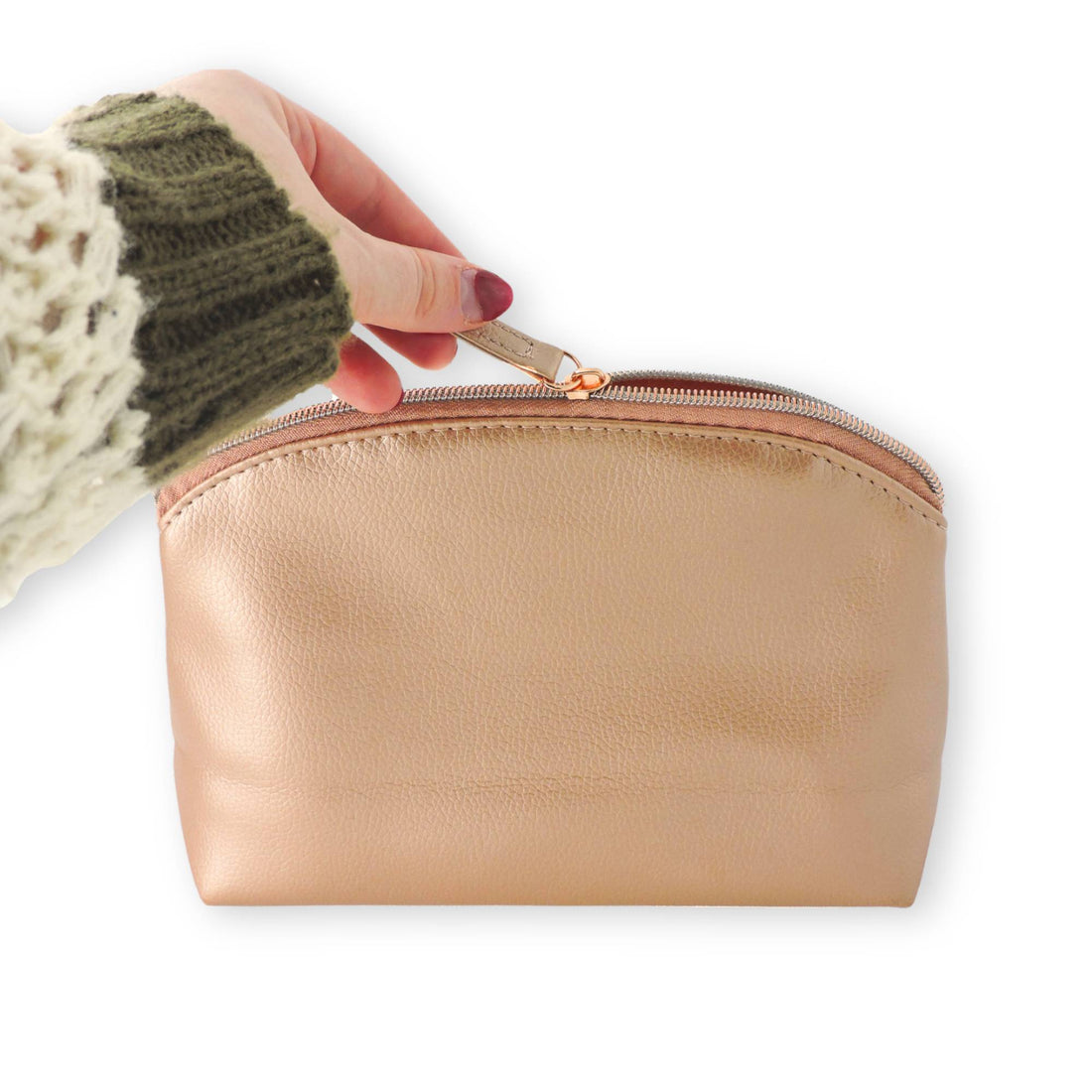 Close-up of the Rose Gold Cosmetic Bag, showcasing its durable material and smooth zipper, designed for storing beauty essentials stylishly and practically.