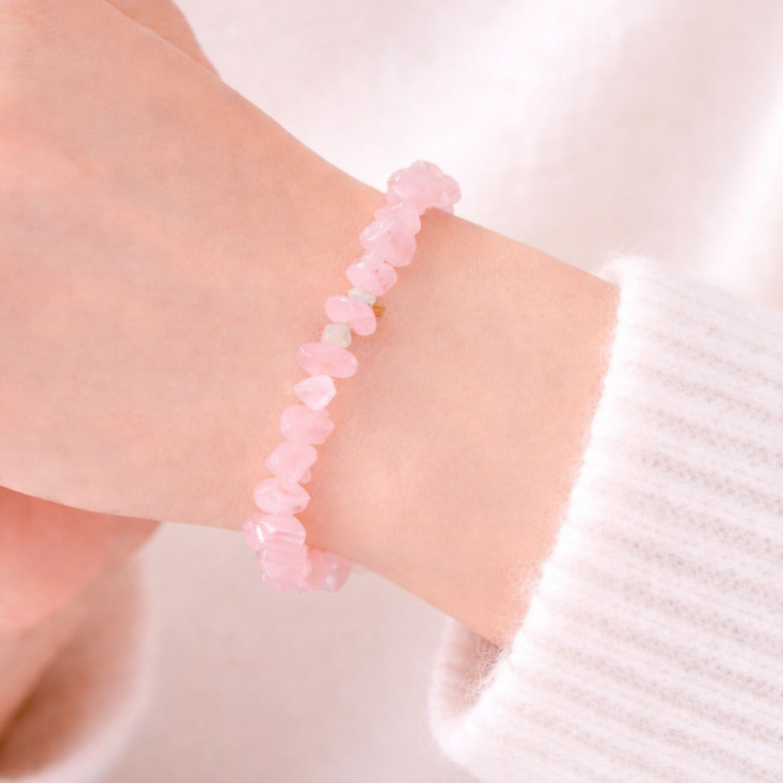 Rose Quartz Crystal Chip Bracelet with delicate, natural crystal chips, promoting self-love and emotional healing, perfect as a meaningful gift or personal accessory.