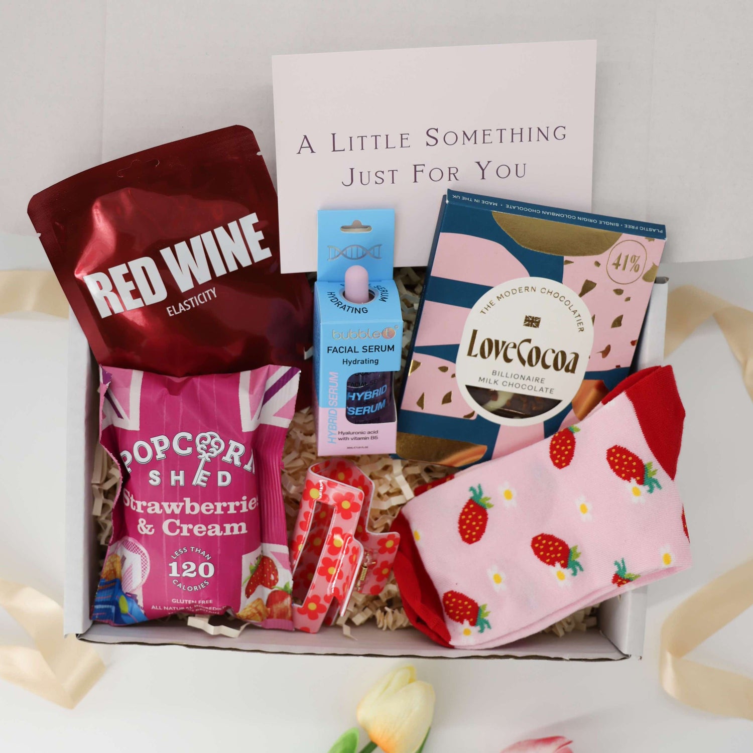 Berry Grateful Box – Selfcare gift with strawberry socks, gourmet popcorn, and skincare treats