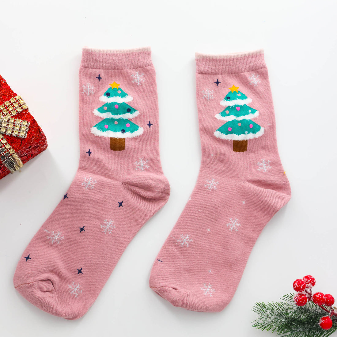 Christmas  Gift – Frosted Pine Socks in pink with festive Christmas tree design


