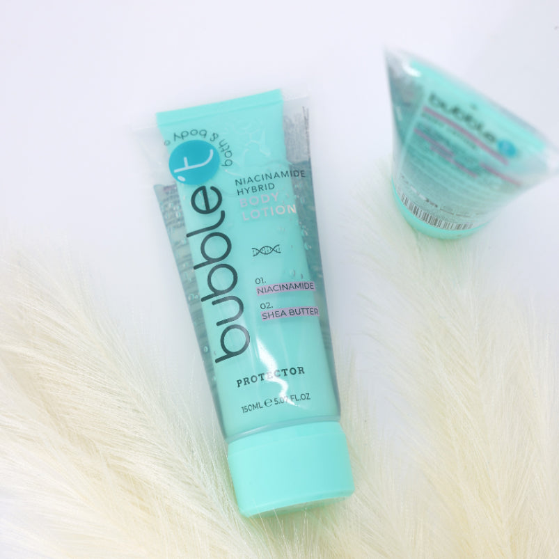 Niacinamide Hybrid Body Lotion close-up with a bottle and tube, highlighting its nourishing formula with niacinamide and shea butter for smooth, even-toned skin.