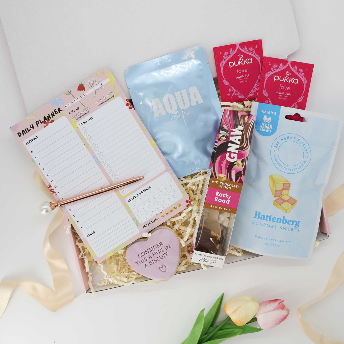 Relax &amp; Refocus Box – self care gift with daily planner, hot chocolate spoon, and calming face mask