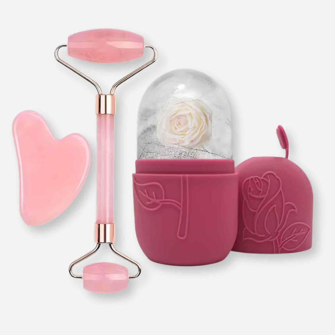 Self Care Gift – Rose Glow Self Care Set with ice roller, face roller, and gua sha