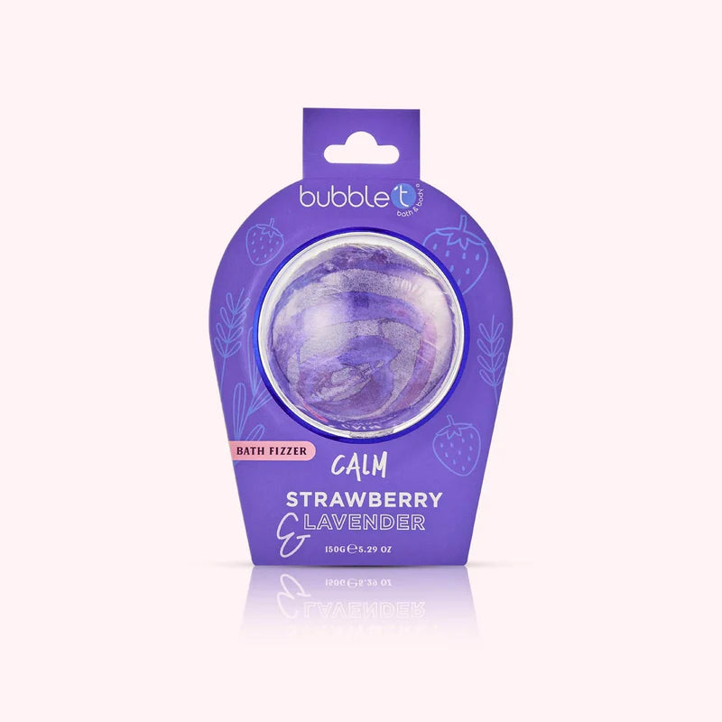 Calm Strawberry &amp; Lavender Bath Fizzer, promising a soothing bath experience with its calming fizz, infused with lavender and strawberry scents.