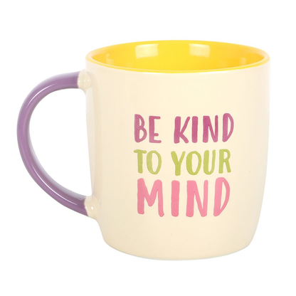 self care gift – Be Kind To Your Mind ceramic mug with uplifting quote and colourful design