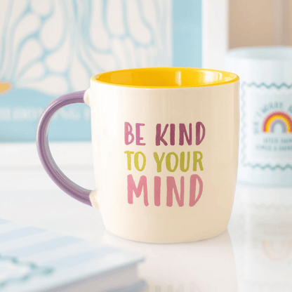 self care gift – Be Kind To Your Mind ceramic mug with uplifting quote and colourful design