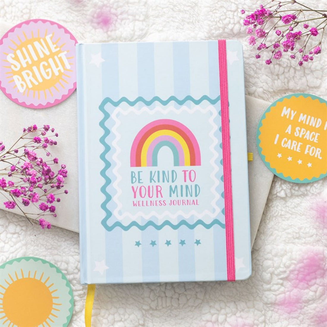 Be Kind To Your Mind Journal – self care gifts pastel A5 wellness journal with rainbow design and pink elastic band