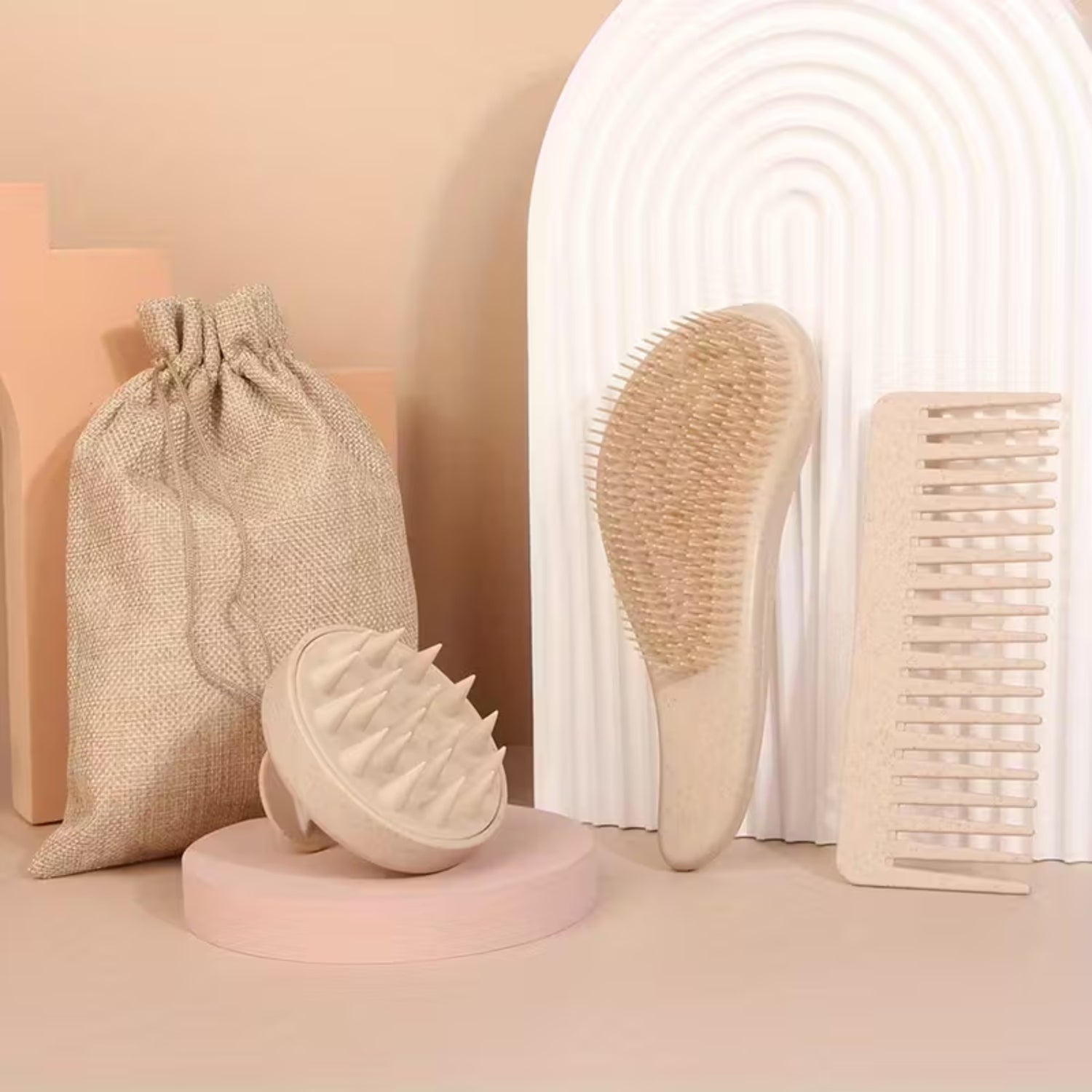 Self care gifts – hair care set bundle with wooden brush, wide tooth comb and scalp massager tool