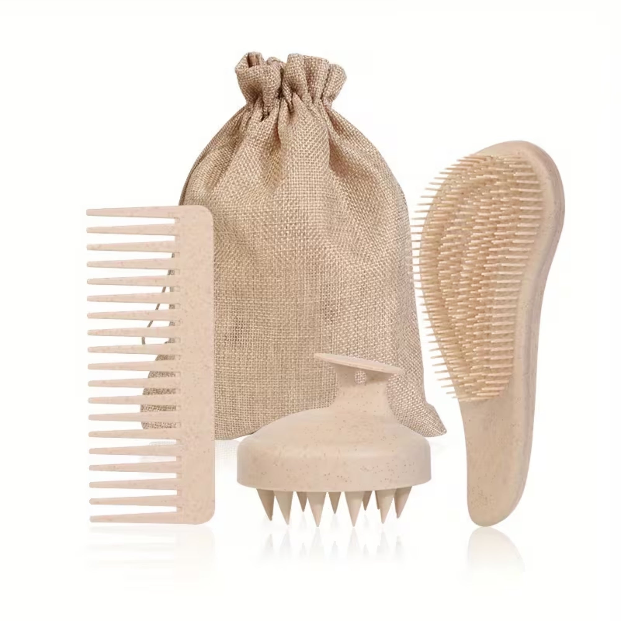 Self care gifts – hair care bundle with brush, comb and scalp exfoliating massager in neutral tones