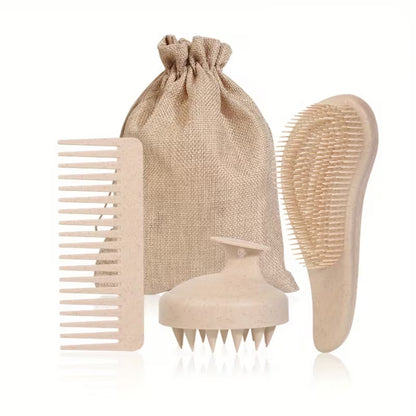 Self care gifts – hair care bundle with brush, comb and scalp exfoliating massager in neutral tones