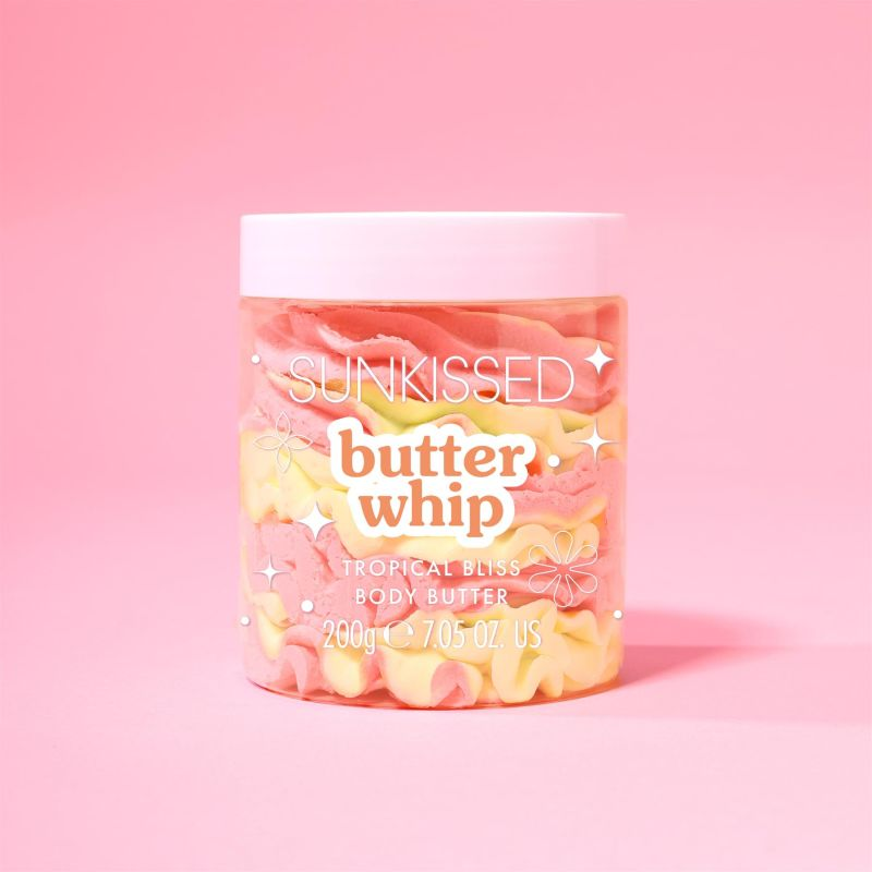 Butter Whip Body Butter – self care gifts tropical bliss whipped body butter with pink and yellow swirled texture in jar