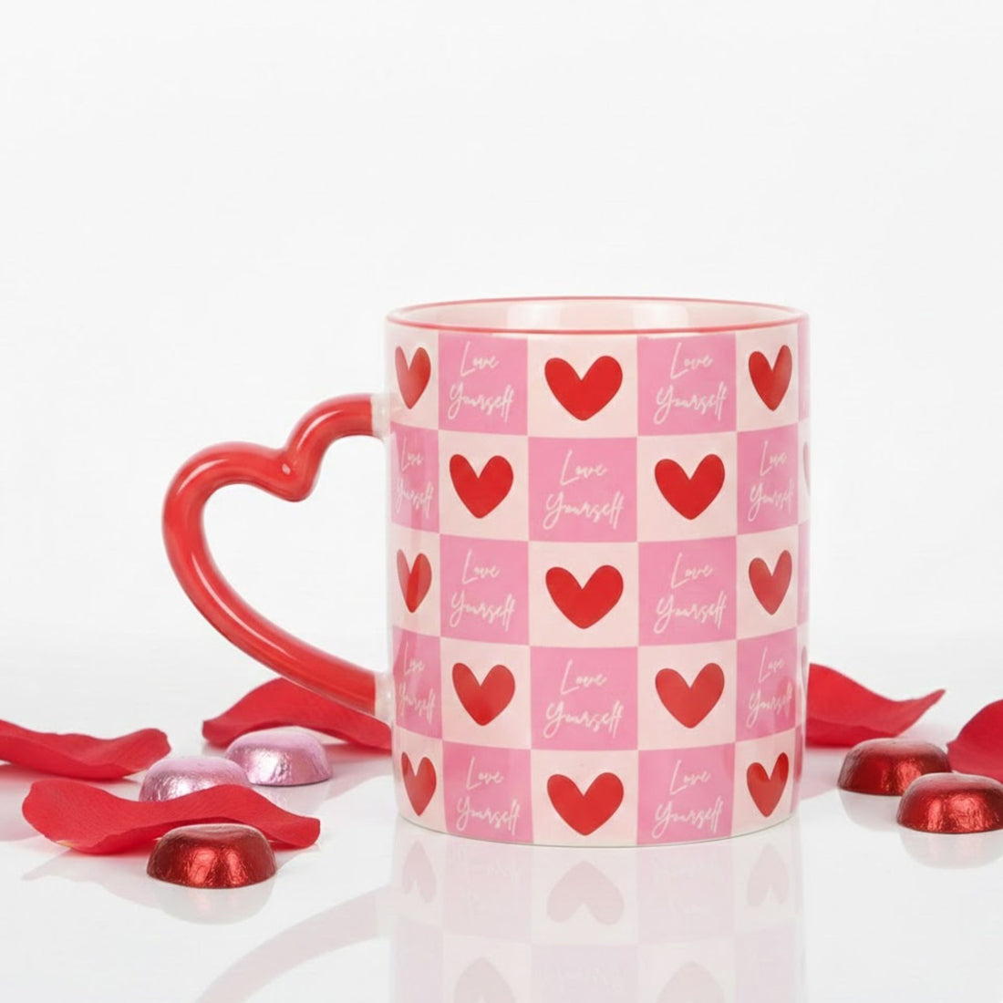 Gifts for her – Love Yourself ceramic mug with pink checkered heart design