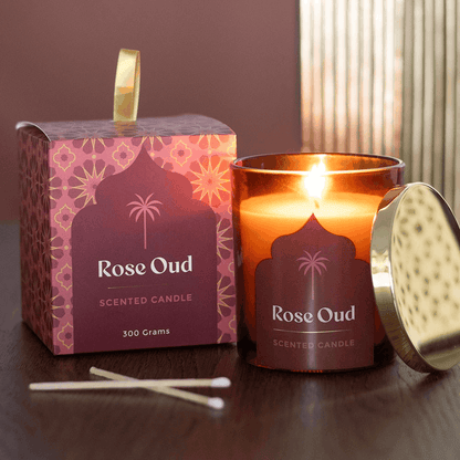Self care gifts – Rose Oud Scented Candle in amber glass jar with gold lid