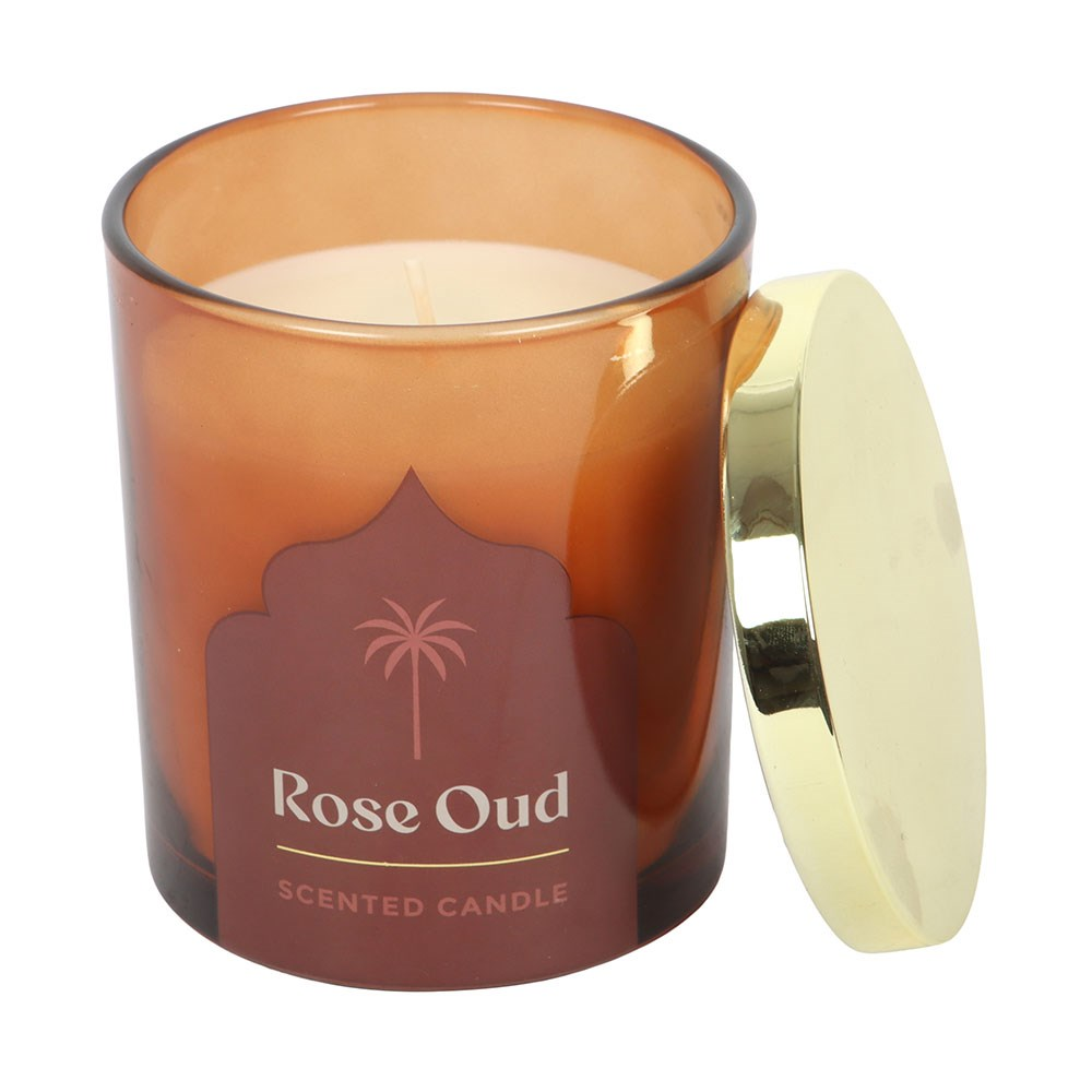 Luxury Rose Oud Scented Candle 300g with elegant patterned gift packaging