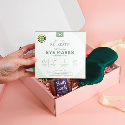 self care gifts – relaxing pamper box with a satin sleep mask, soft spa headband and candle