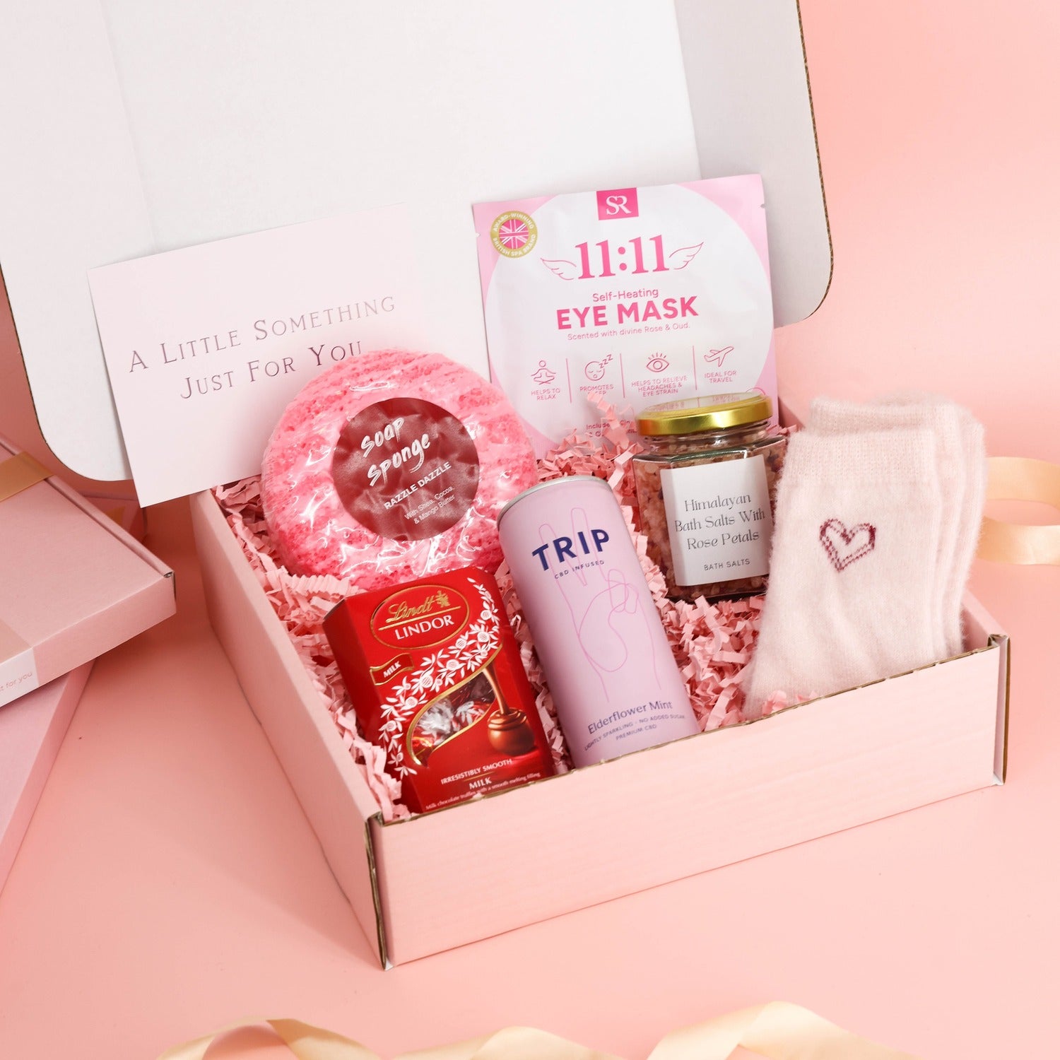 self care gifts – luxury pamper box with rose bath salts, nourishing soap sponge and soft socks