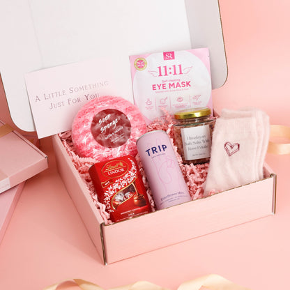 self care gifts – luxury pamper box with rose bath salts, nourishing soap sponge and soft socks