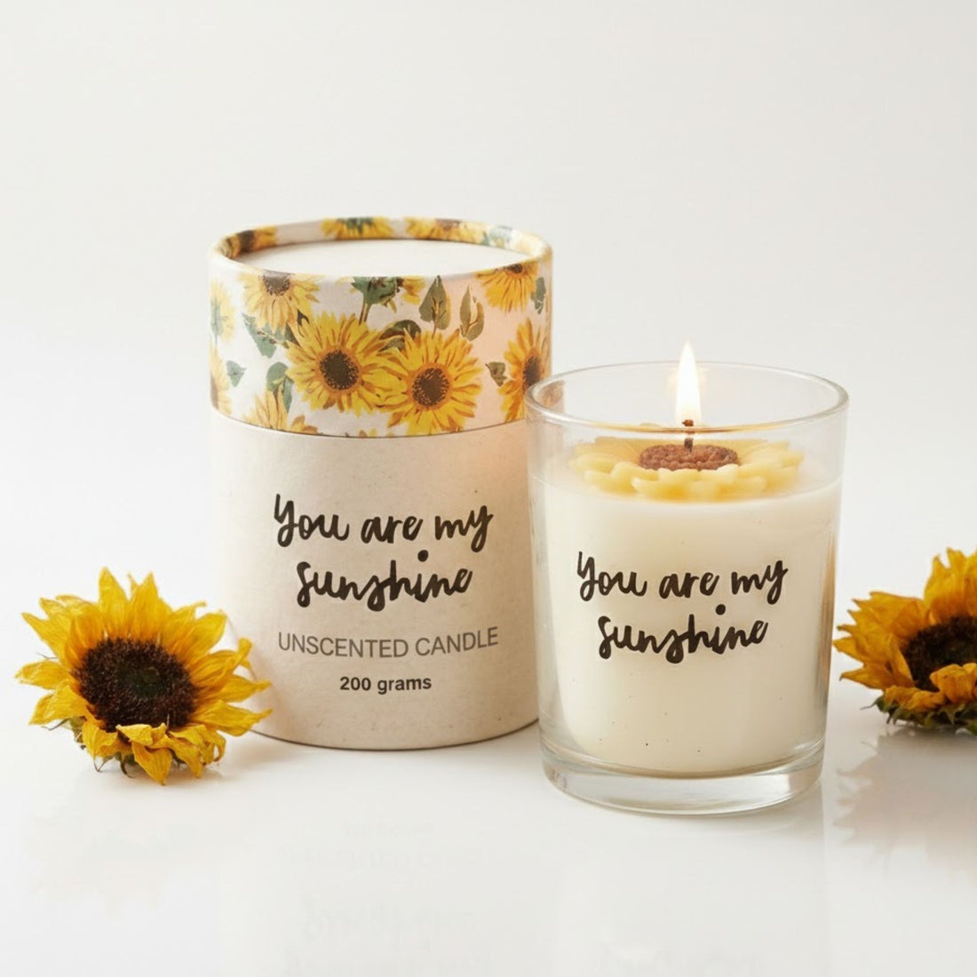 Self care gifts – You Are My Sunshine Candle with 3D wax sunflower in glass holder