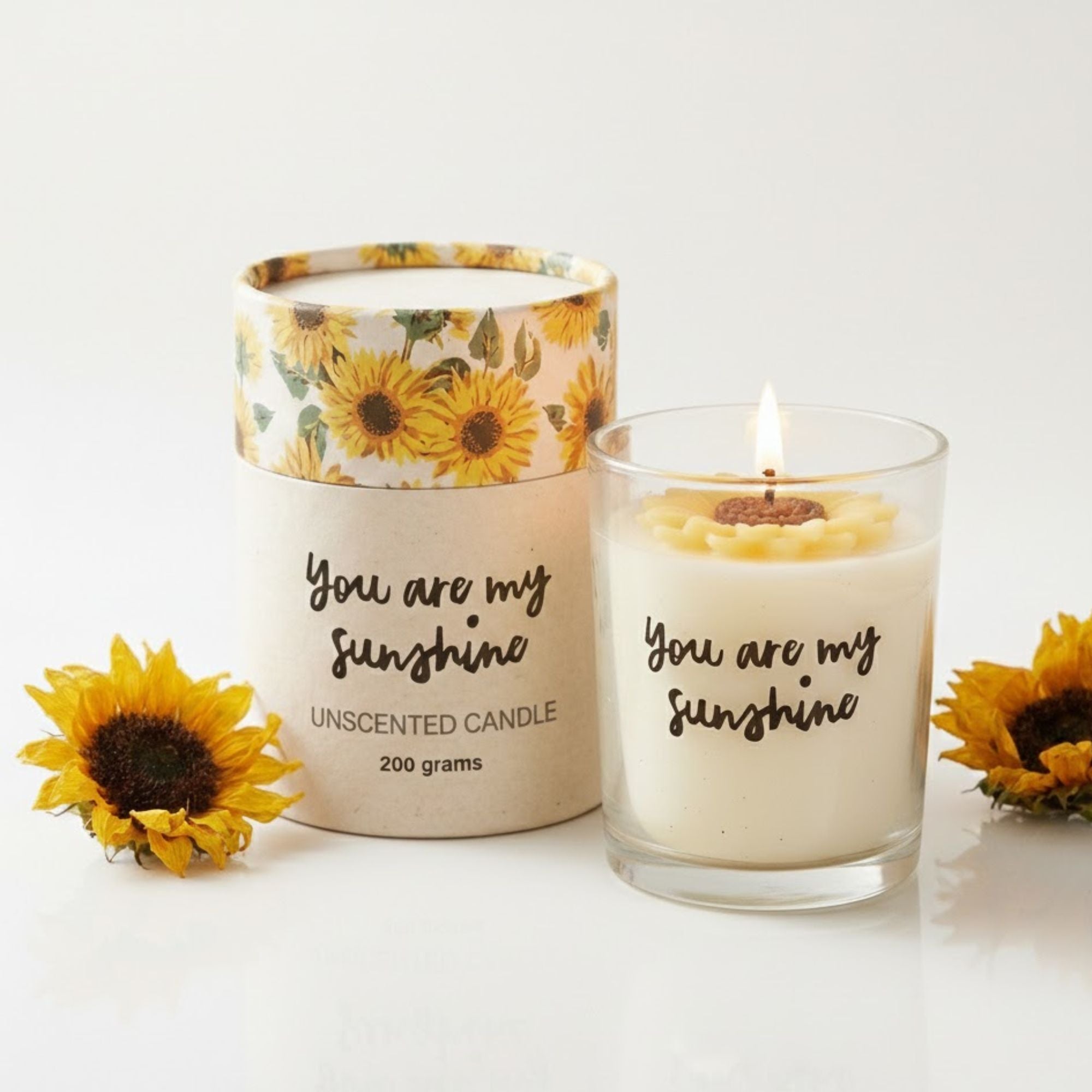 Self care gifts – You Are My Sunshine Candle with 3D wax sunflower in glass holder