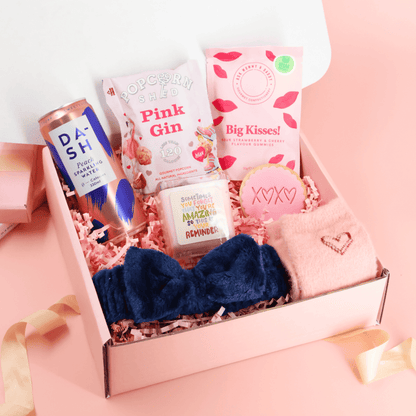Selfcare gift – You Are Amazing Self-Care Gift Box with pink gin popcorn, Big Kisses sweets, peach sparkling water and uplifting candle
