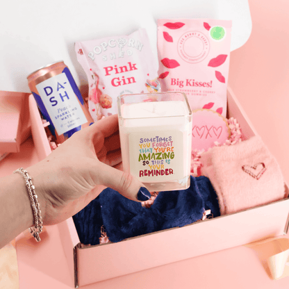 Selfcare gift – You Are Amazing Self-Care Gift Box with pamper accessories and feel-good snacks in a pink presentation box
