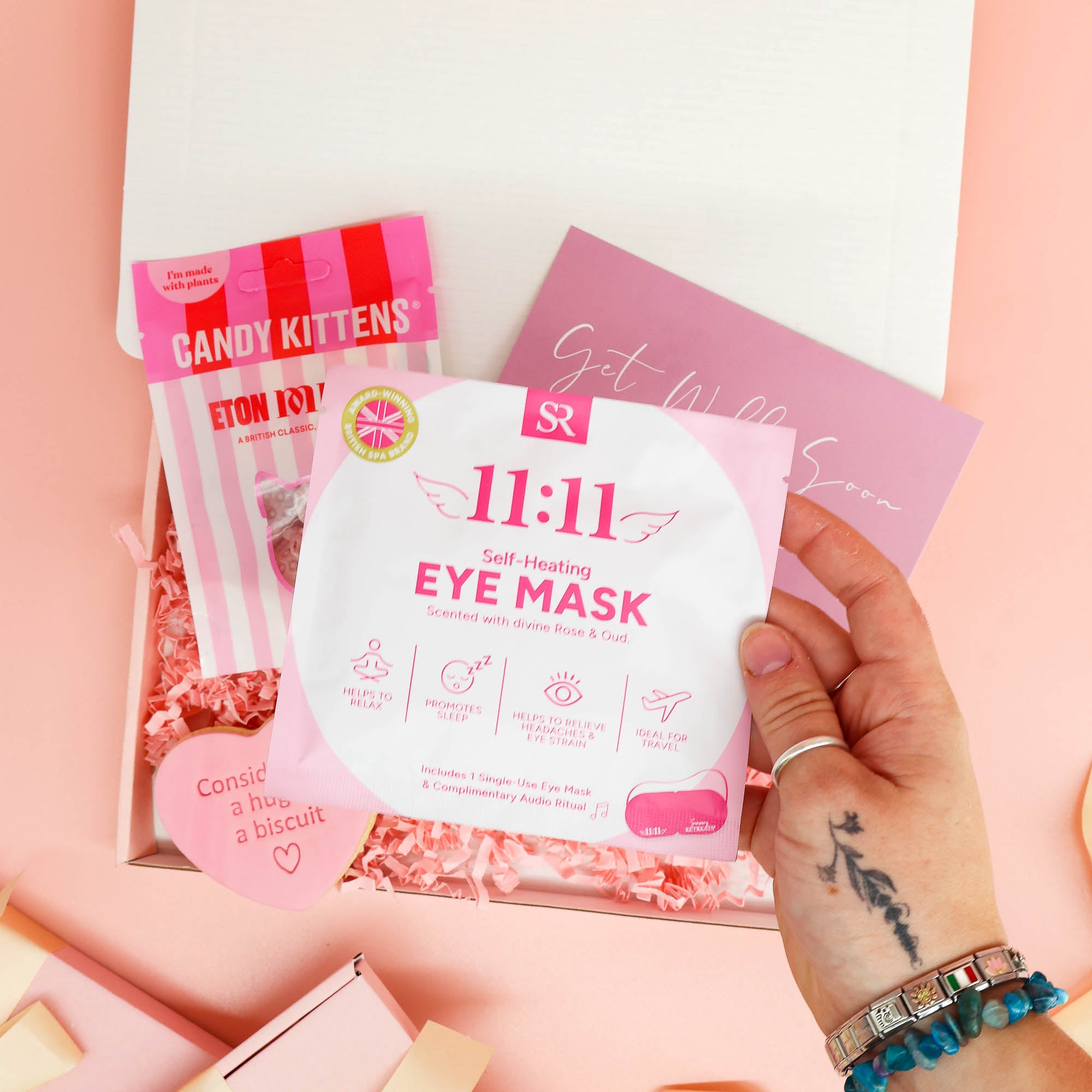get well soon gift – small pink comfort box with thoughtful treats and a speedy recovery card