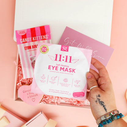 get well soon gift – small pink comfort box with thoughtful treats and a speedy recovery card