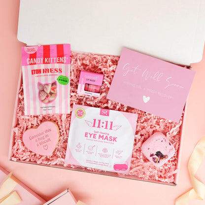 get well soon gift – The Deluxe Comfort Box with sweets, biscuit, eye mask and extra self care treats