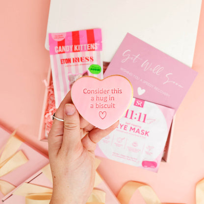 get well soon gift – A Little Box of Comfort with sweets, heart-shaped biscuit and self-heating eye mask