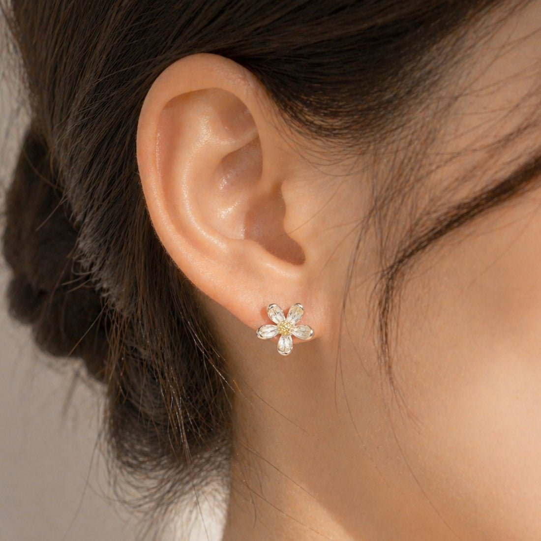 Silver Daisy Stud Earrings with delicate flower design, featuring sterling silver petals and a yellow center, perfect for adding whimsy to any outfit.