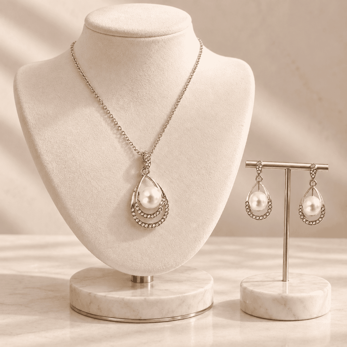 Silver &amp; Pearl Jewelry Set - Timeless Elegance: A close-up of a lustrous pearl in an exquisite silver setting, showcasing sophistication for formal events or everyday elegance.