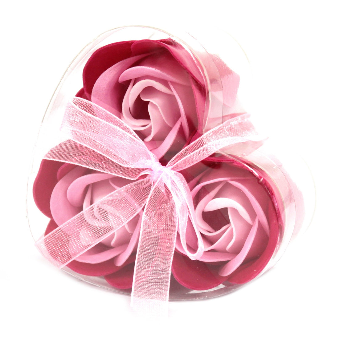 Flower Soap - Pink: Close-up of heart-shaped boxes with pink and red roses, showcasing intricately designed soap flowers that resemble real roses for a luxurious gift.
