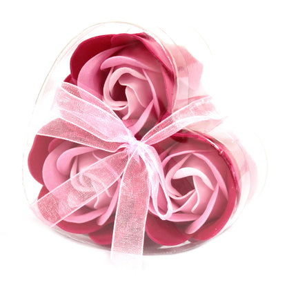 Flower Soap - Pink: Close-up of heart-shaped boxes with pink and red roses, showcasing intricately designed soap flowers that resemble real roses for a luxurious gift.