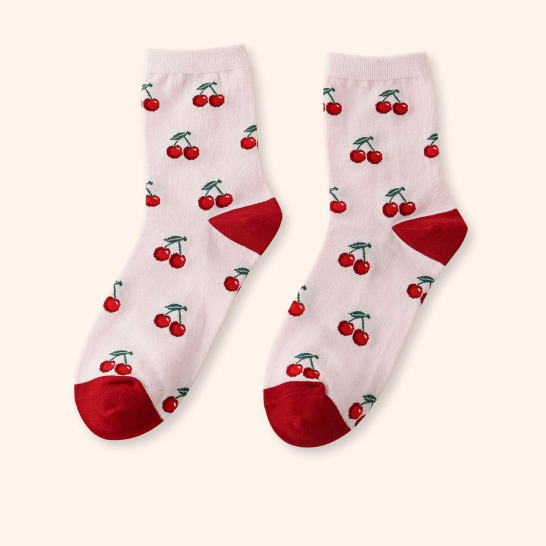 Cherry Print Socks featuring playful cherry patterns, perfect for adding a fun touch to any outfit. Ideal for those seeking a sweet and whimsical style.