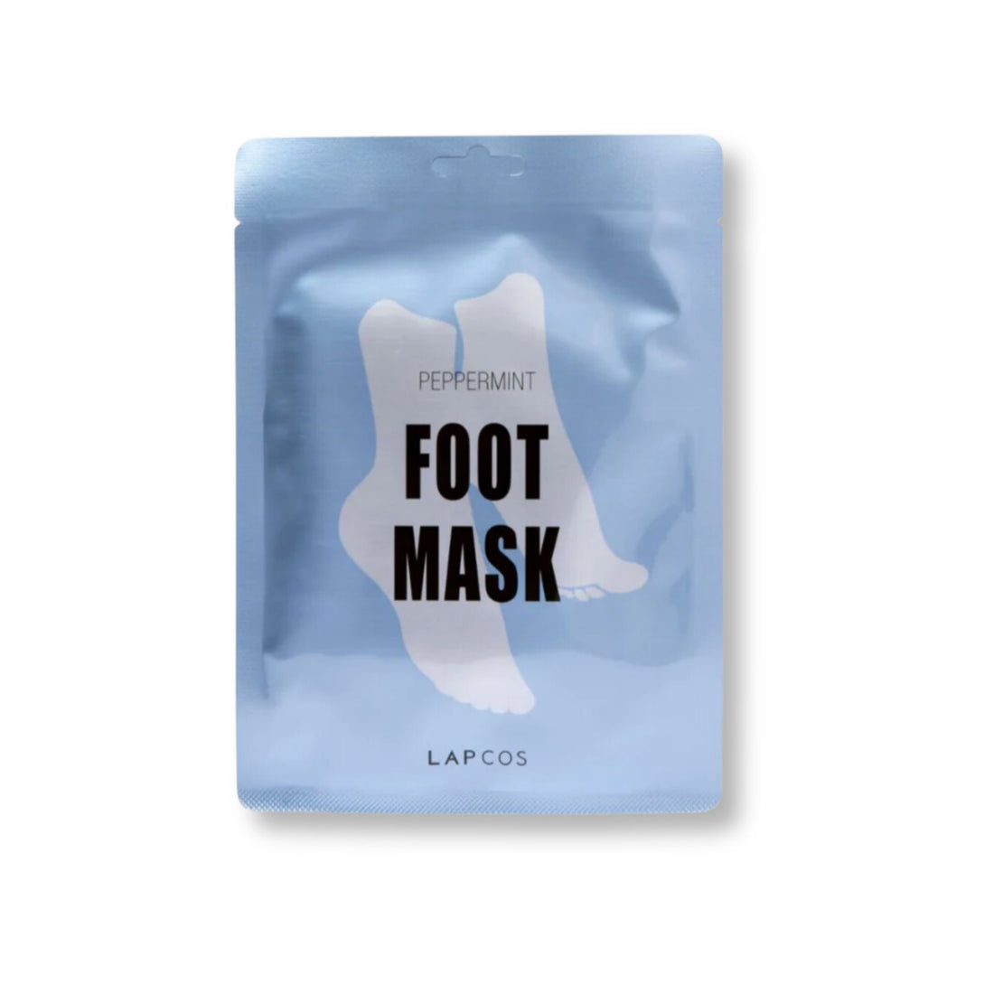 Lapcos Soothing Peppermint Foot Mask package, featuring product benefits and logo, designed for alleviating foot fatigue and roughness with lavender and peppermint oil.