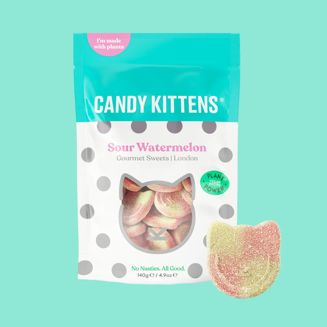 Sour Watermelon Gourmet Sweets in cat-shaped packaging with a green sticker, highlighting vegan, fruit juice-infused candy with a sweet and sour flavor profile.