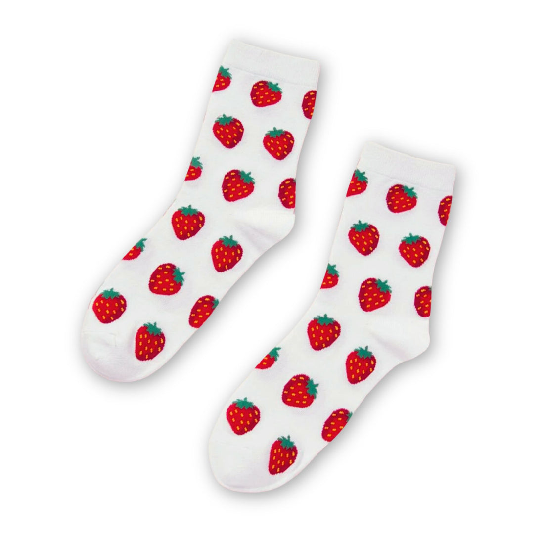 Strawberry Print Socks featuring vibrant red strawberries on a crisp white background, adding a playful touch to any gift or everyday style.