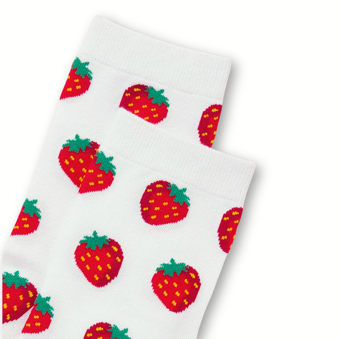 Strawberry Print Socks featuring vibrant strawberries on white, adding a playful touch to any gift box with their cheerful, fruity design.