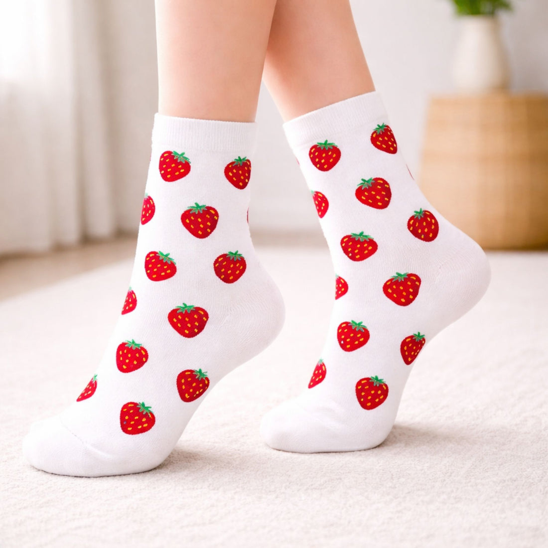 Strawberry Print Socks featuring vibrant red strawberries on a crisp white background, adding a playful touch to any gift or everyday style.