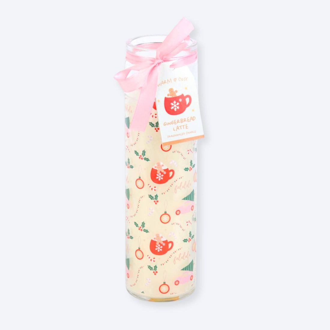 Sugarplum Christmas Print Tube Candle; a close-up reveals a decorative jar beside a red mug with a gingerbread man, highlighting its festive charm.