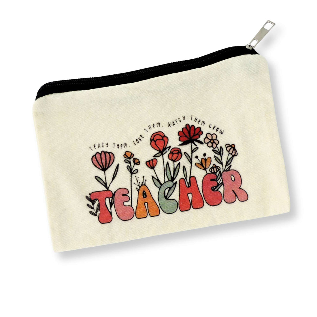 Teacher Flower Print Pouch with a floral design and zipper pull, perfect for storing small essentials like pens or cosmetics, a thoughtful teacher gift.