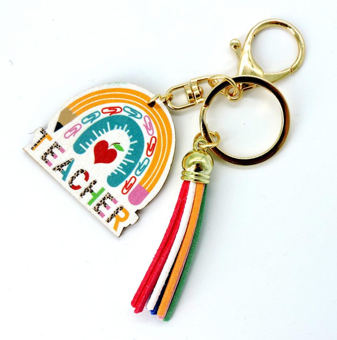 Teacher Keyring featuring a playful design with pencil and apple motifs, ideal for adding charm to keys or bags.