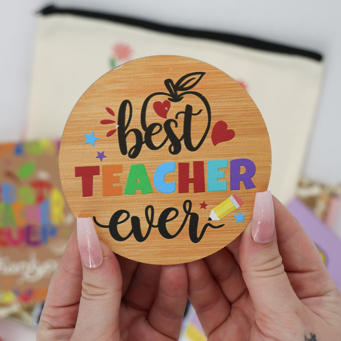 Best teacher ever gift – thank you card, skincare, and colourful wooden keepsake


