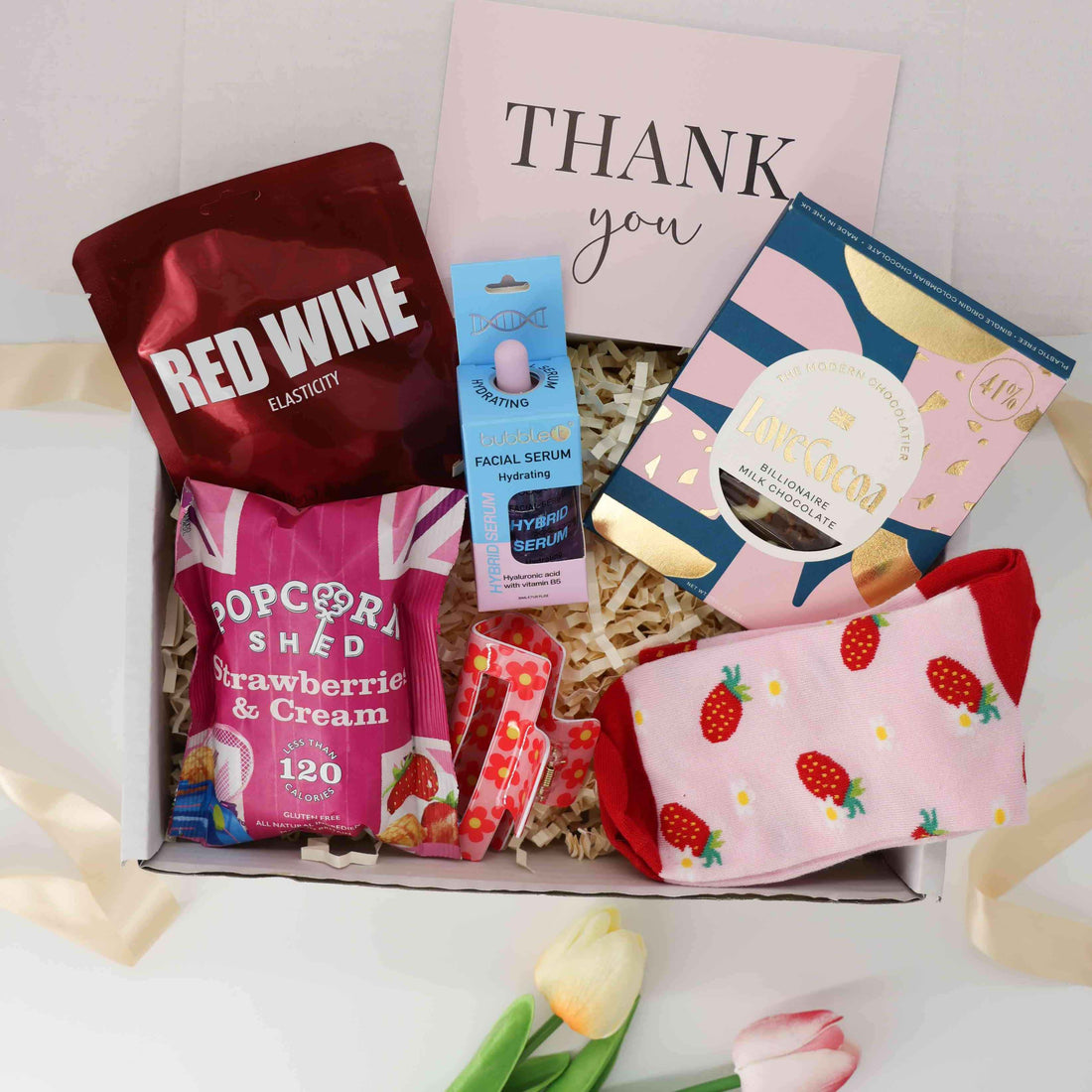 Berry Grateful Thank You Box – thank you gift for her with strawberry socks, popcorn, and skincare treats

