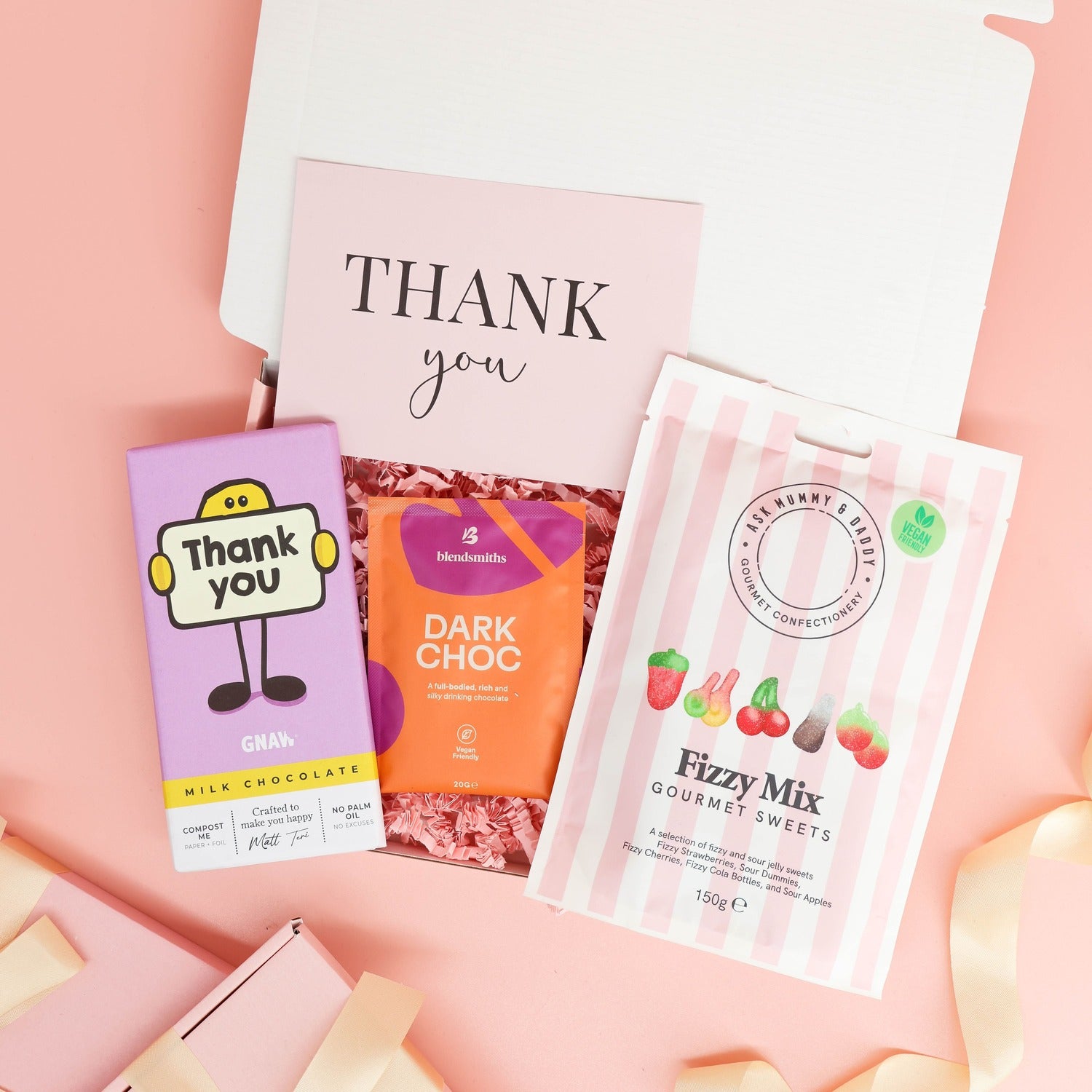 thank you gifts – A Little Box of Thanks with milk chocolate, hot chocolate and fizzy sweets