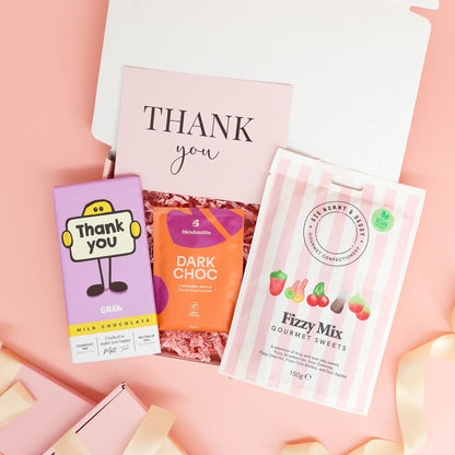 thank you gifts – A Little Box of Thanks with milk chocolate, hot chocolate and fizzy sweets