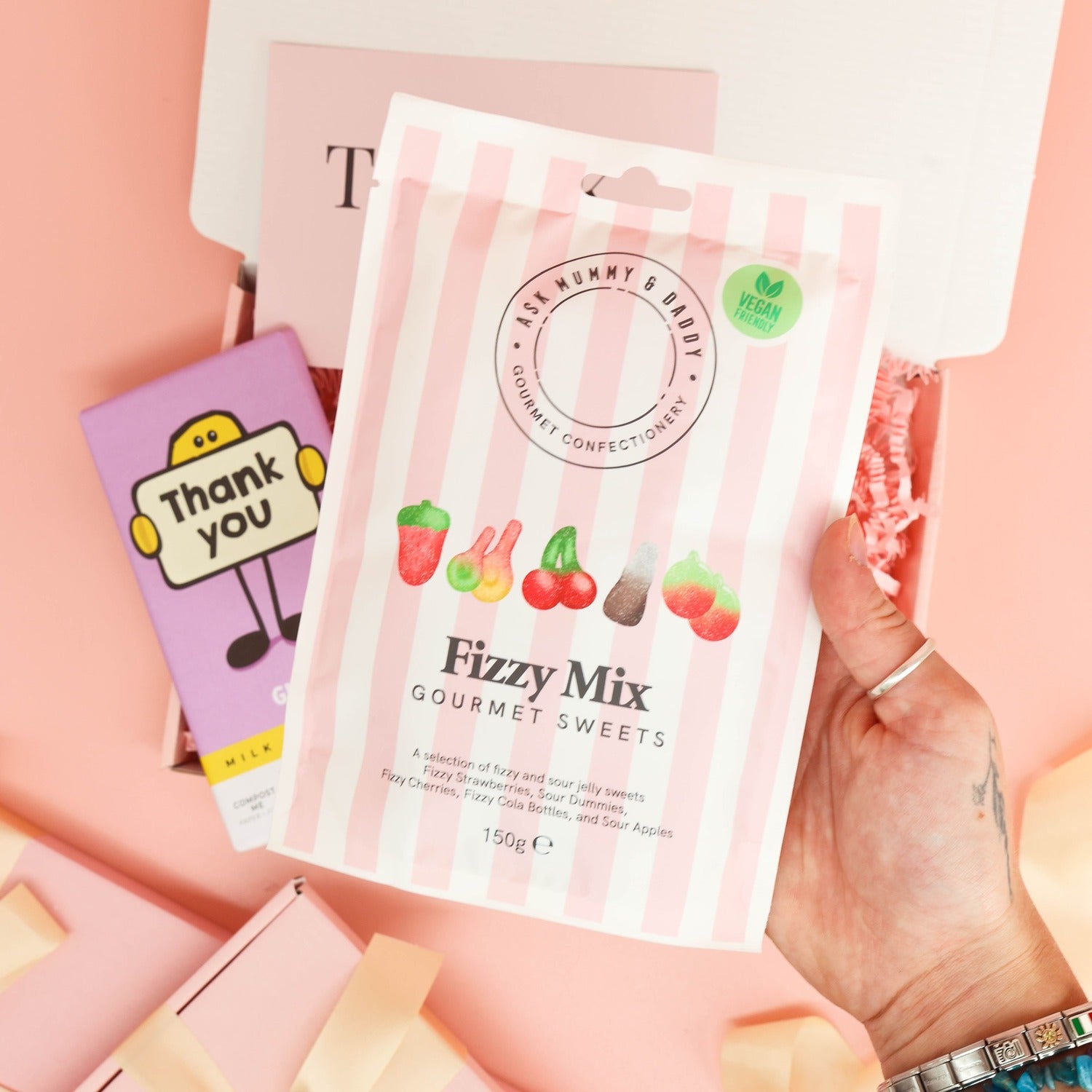 thank you gifts – pink treat box filled with chocolate, drinking chocolate and fizzy sweets
