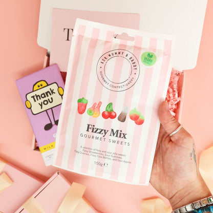 thank you gifts – pink treat box filled with chocolate, drinking chocolate and fizzy sweets