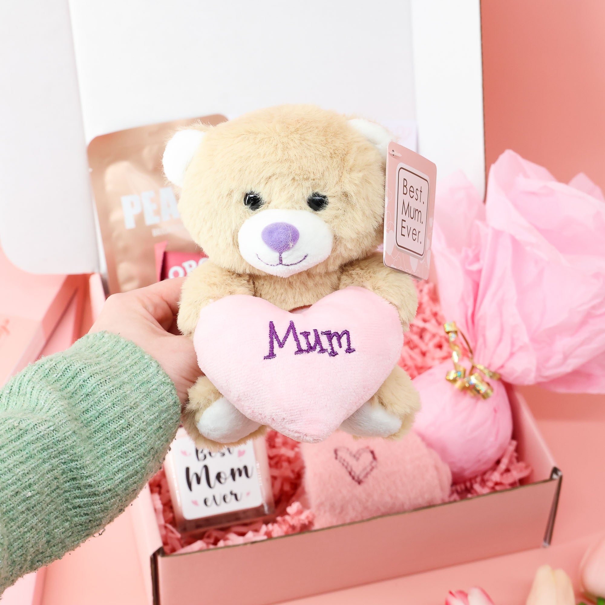 Mother’s Day gift – pamper and snack gift box for mum with candle, face mask and sweet treats