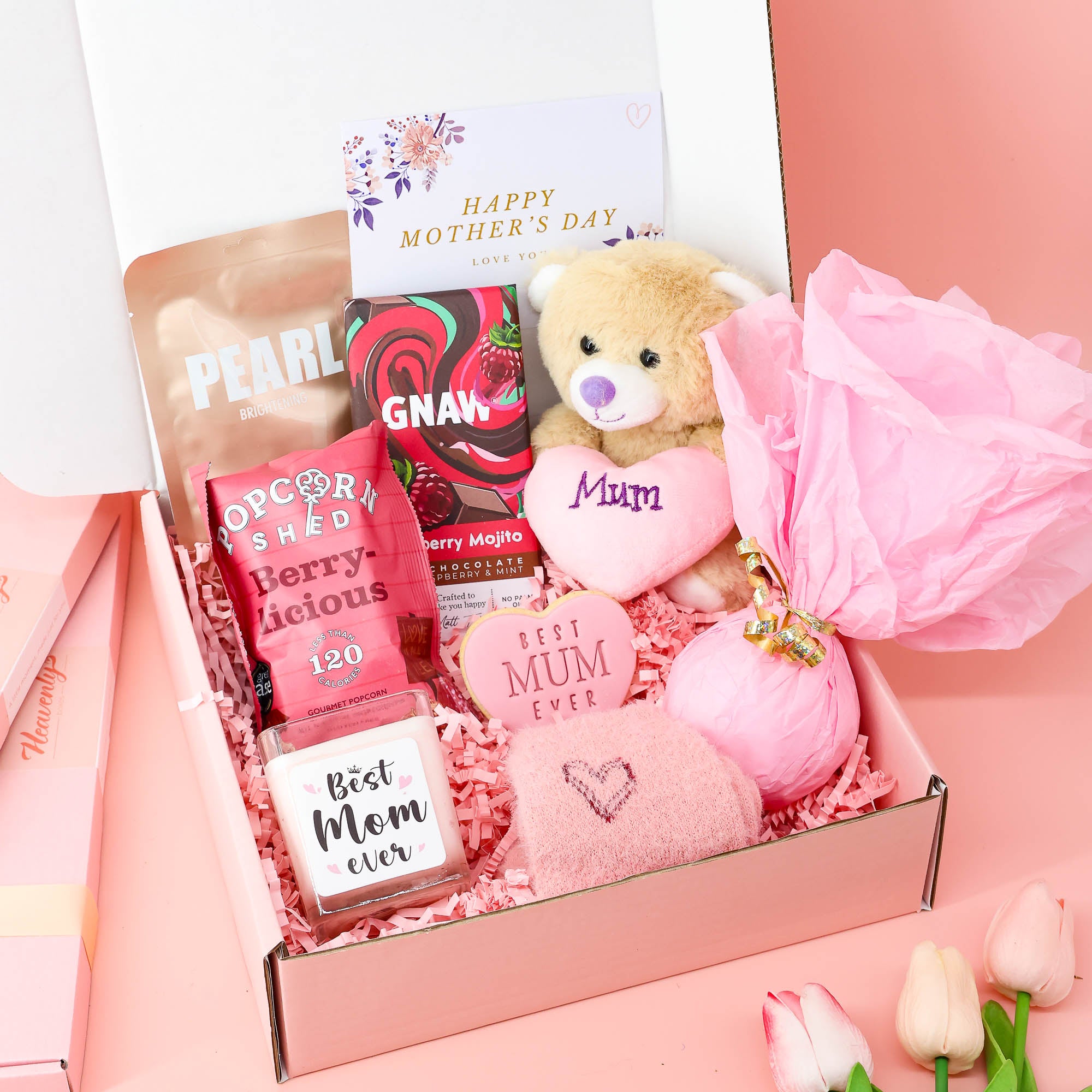 Mother’s Day gift – Mother’s Day Gift Box 2026 with teddy bear, berry popcorn, chocolate and cosy pink socks